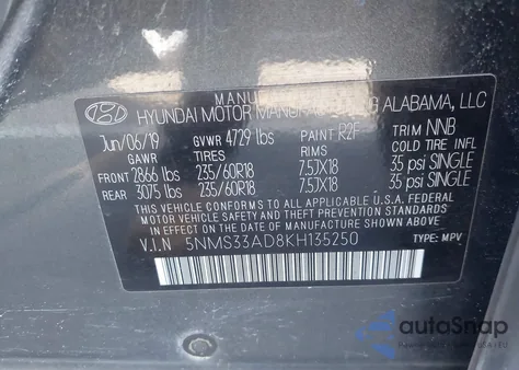 2019 Hyundai Santa Fe Sel Plus from USA, damaged, VIN 5NMS33AD8KH135250